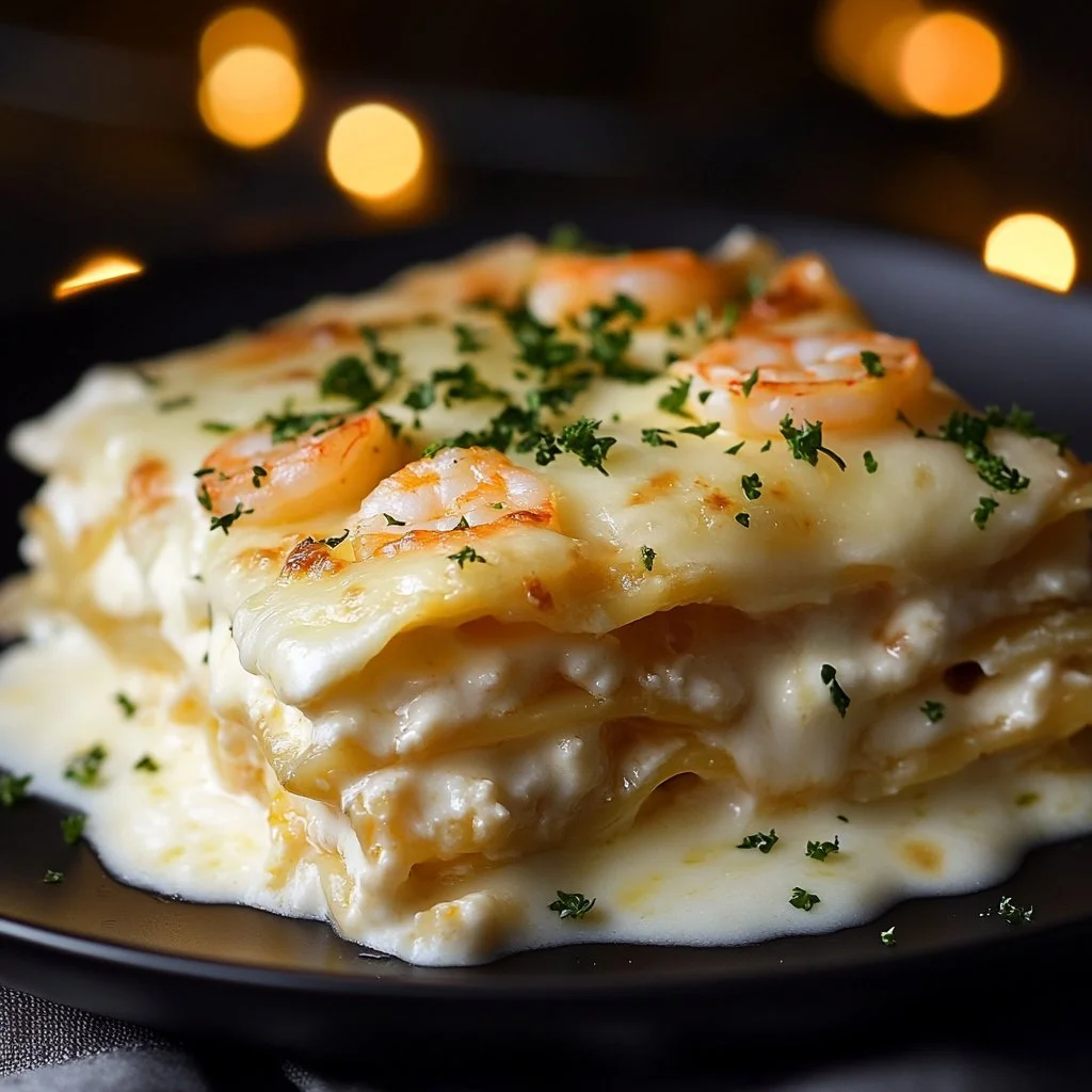 Delicious Garlic Butter Shrimp Scampi Lasagna with layers of shrimp and cheese