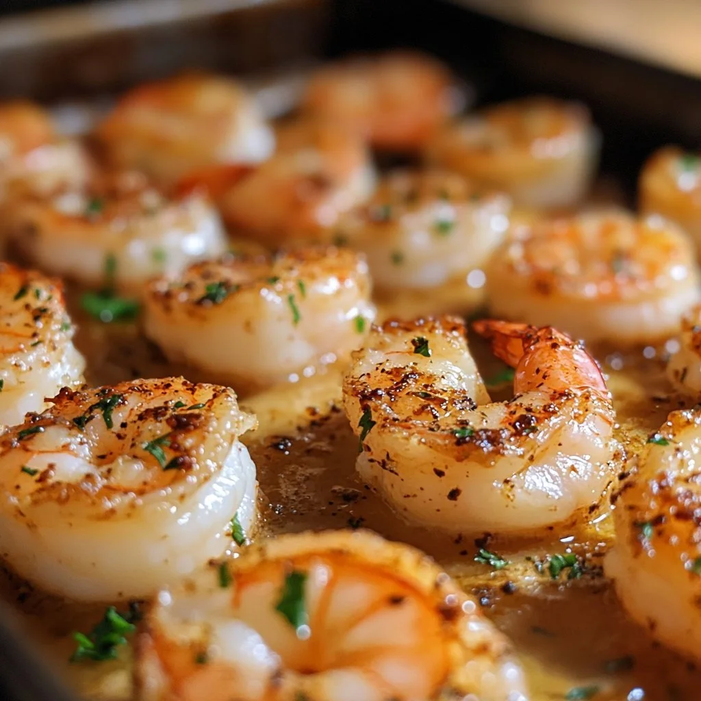 Delicious Garlic Parmesan Baked Shrimp served on a plate with herbs and lemon