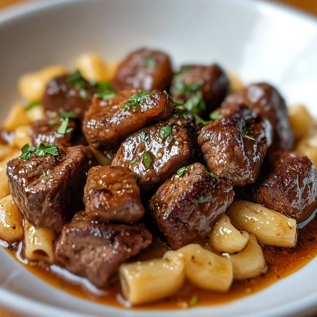 Plate of garlic steak bites served with creamy pasta