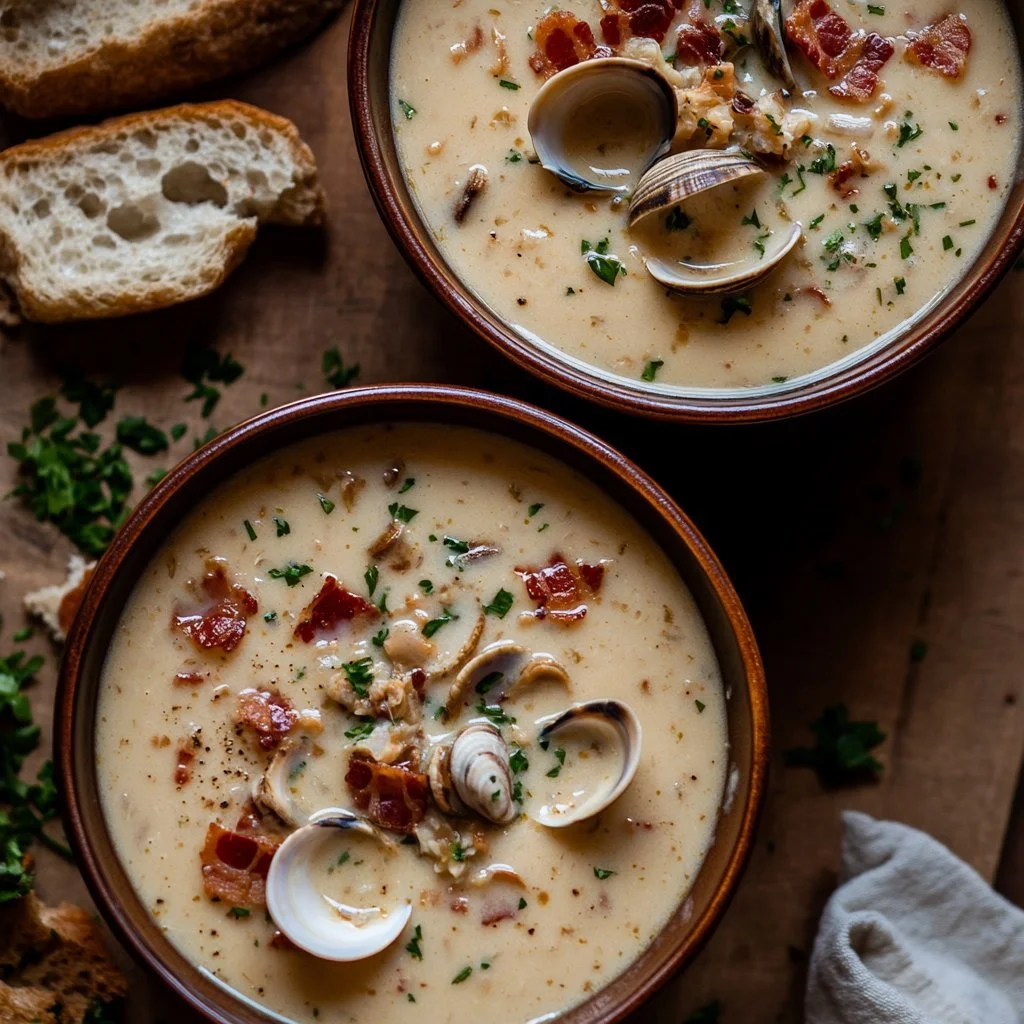 Bowl of Gordon Ramsay clam chowder topped with parsley and served with bread