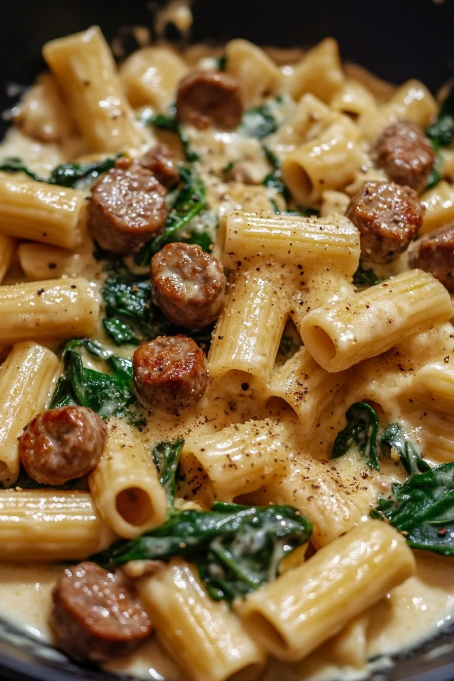 Creamy Rigatoni with Sausages and Spinach