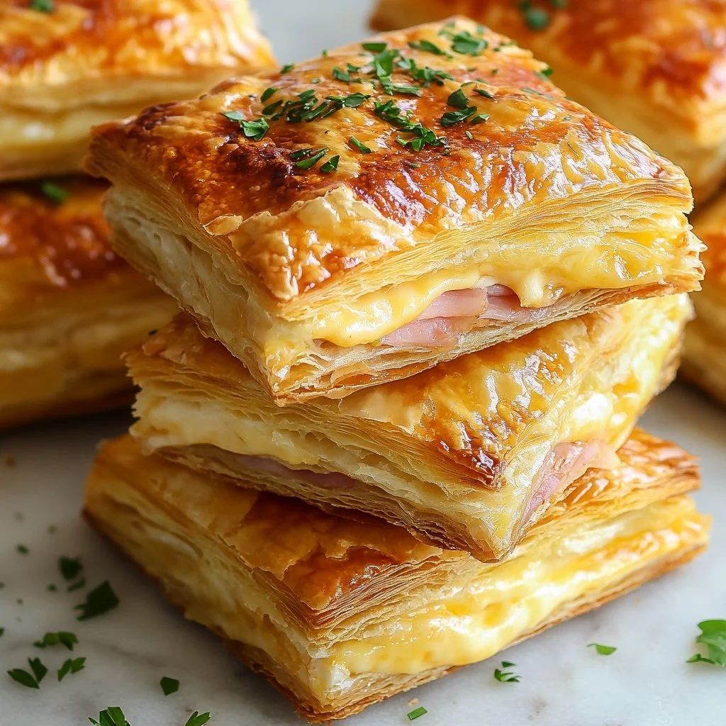 Delicious ham and cheese puff pastry snack on a plate, perfect appetizer.