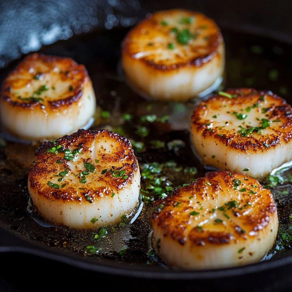 Healthy cast iron pan seared scallops served with fresh vegetables