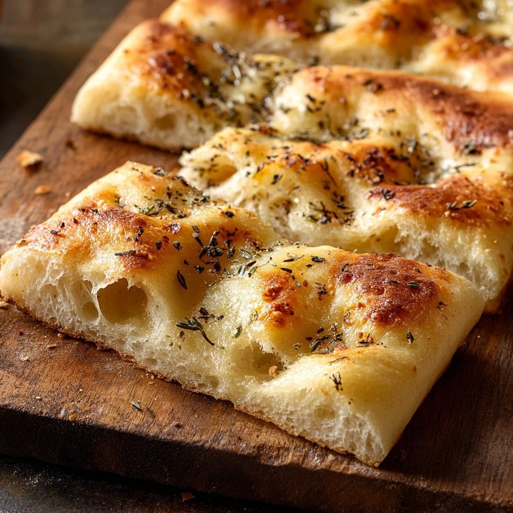 Homemade focaccia bread fresh out of the oven, golden and fluffy.