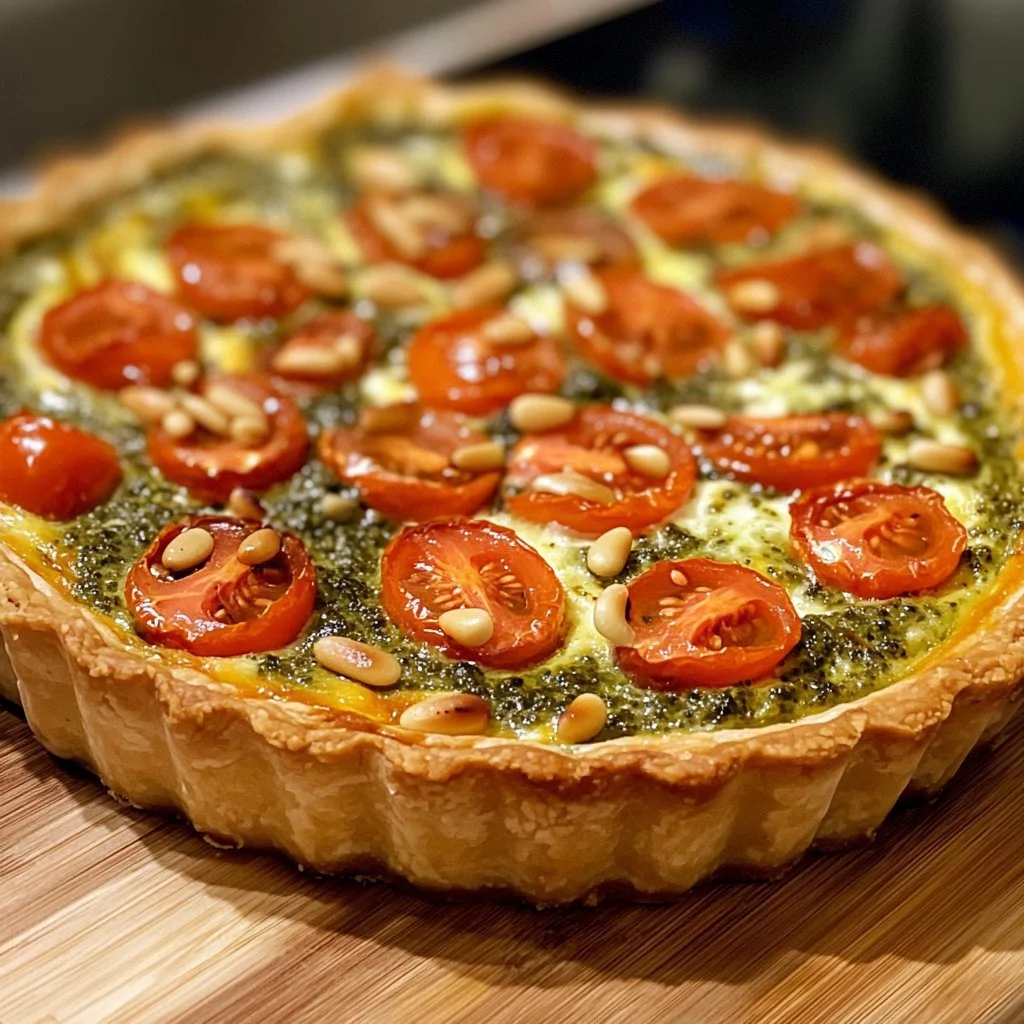 Italian Quiche with Pesto and Mozzarella fresh out of the oven