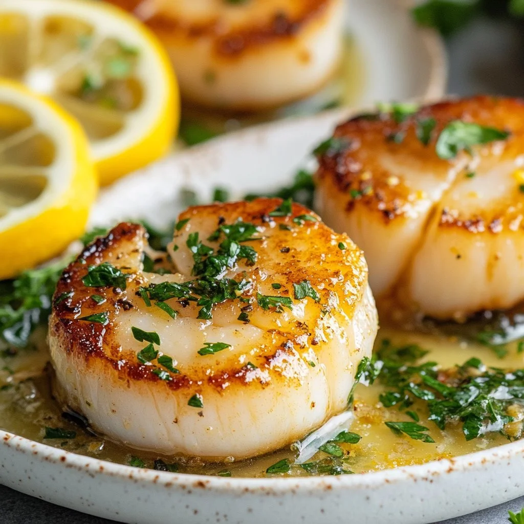 Plate of succulent Lemon Butter Scallops garnished with herbs
