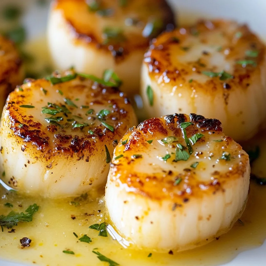 Delicious Lemon Butter Scallops served with seasoning and herbs