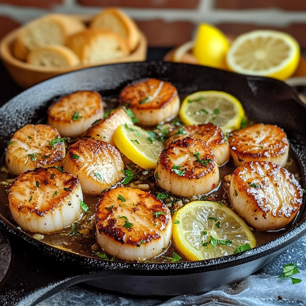 Plate of lemon butter scallops with garlic crostini on a white table.