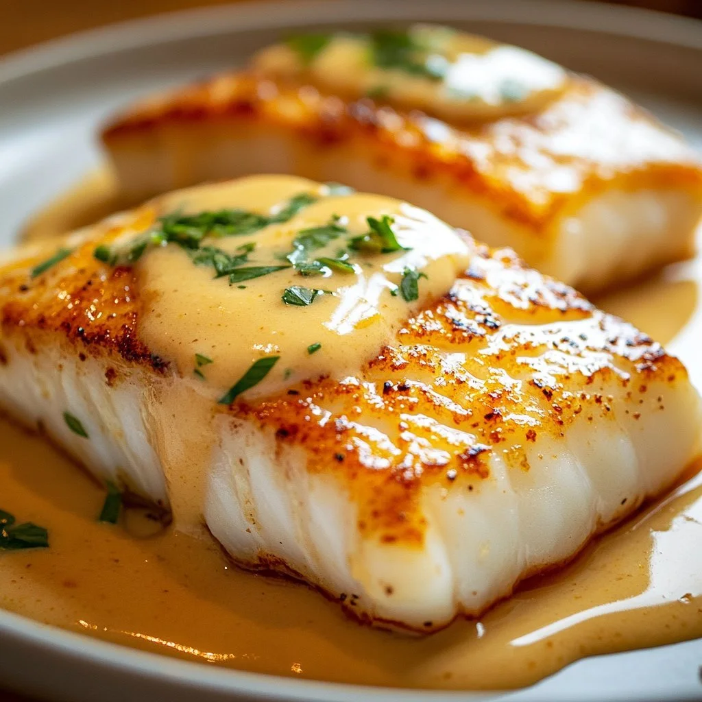 Delicious Lemon Garlic Butter Cod with Crispy Skin served on a plate