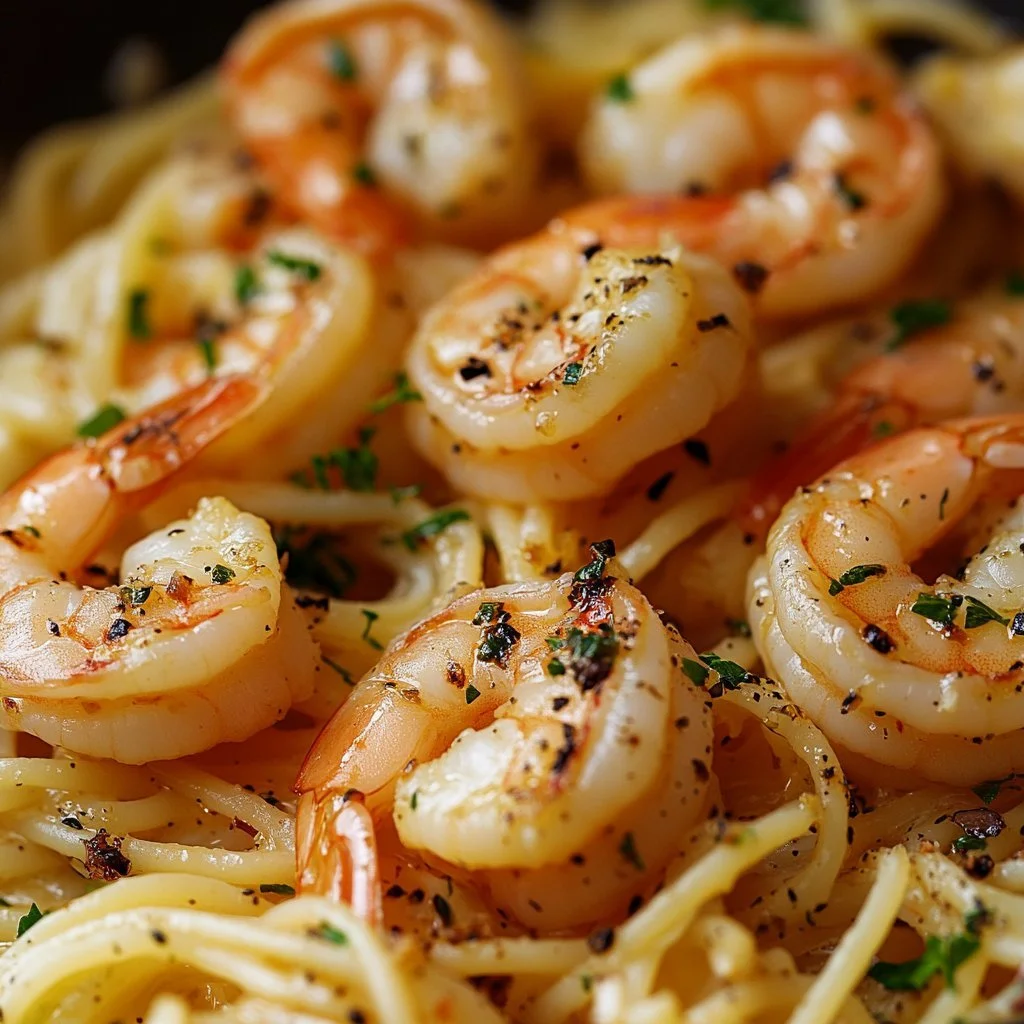 Delicious Lemon Garlic Shrimp Pasta served on a plate with herbs and lemon slices.