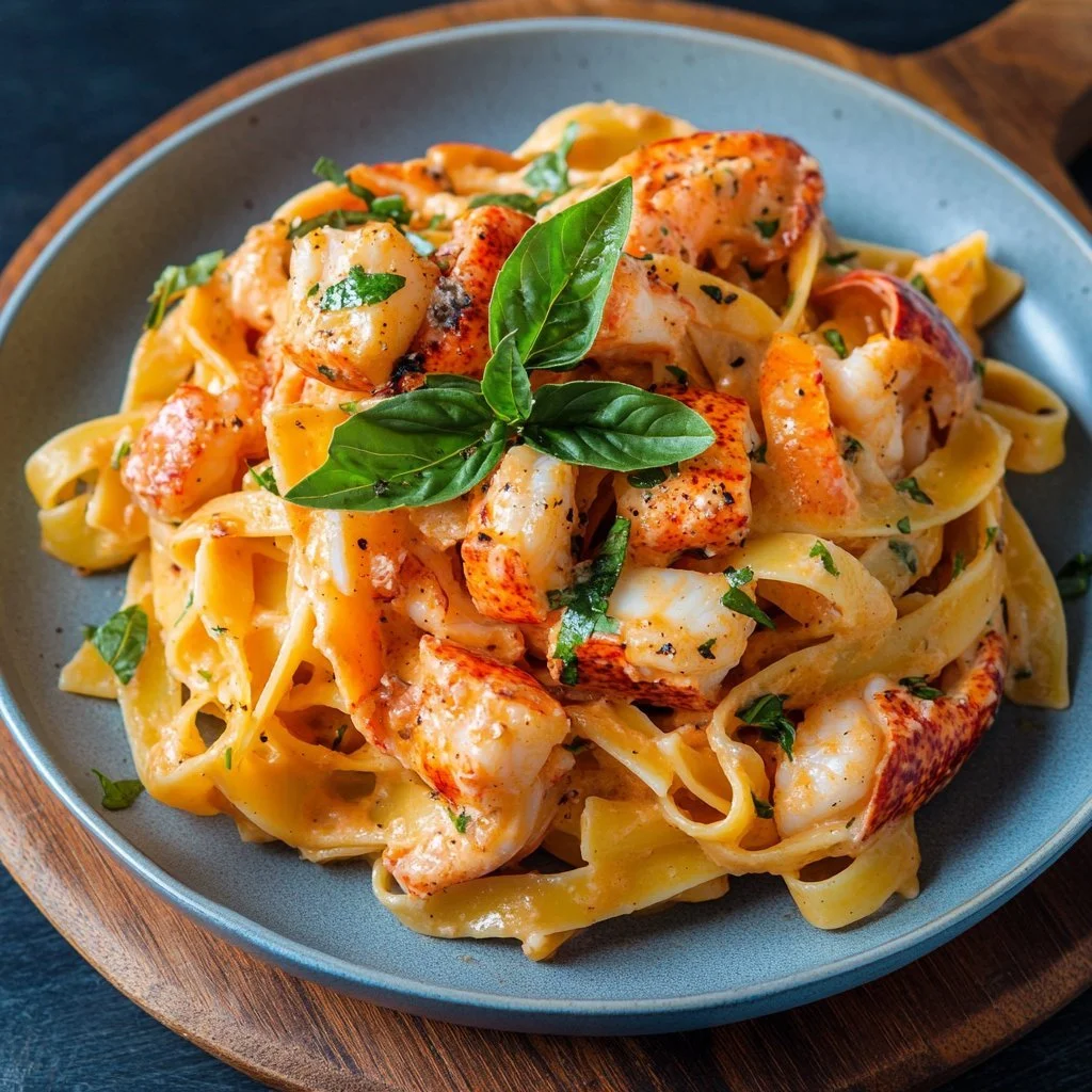 Delicious Lobster Pasta dish garnished with herbs and served in a bowl