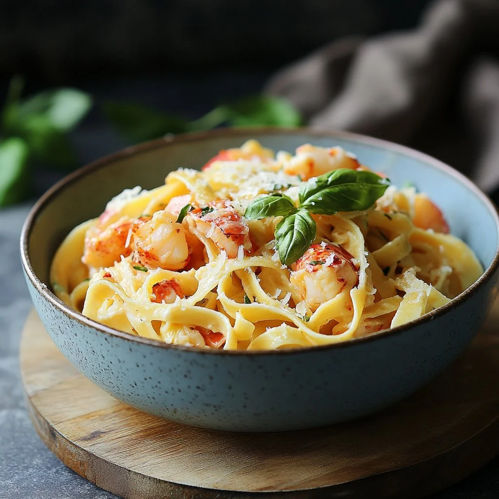 Delicious lobster pasta served with creamy sauce and fresh herbs
