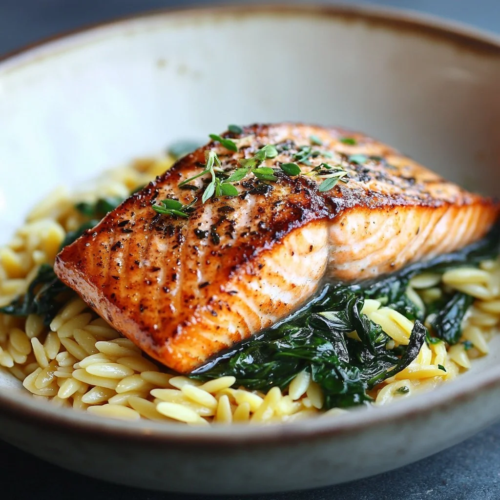 Mediterranean Salmon served with lemon orzo for a healthy meal