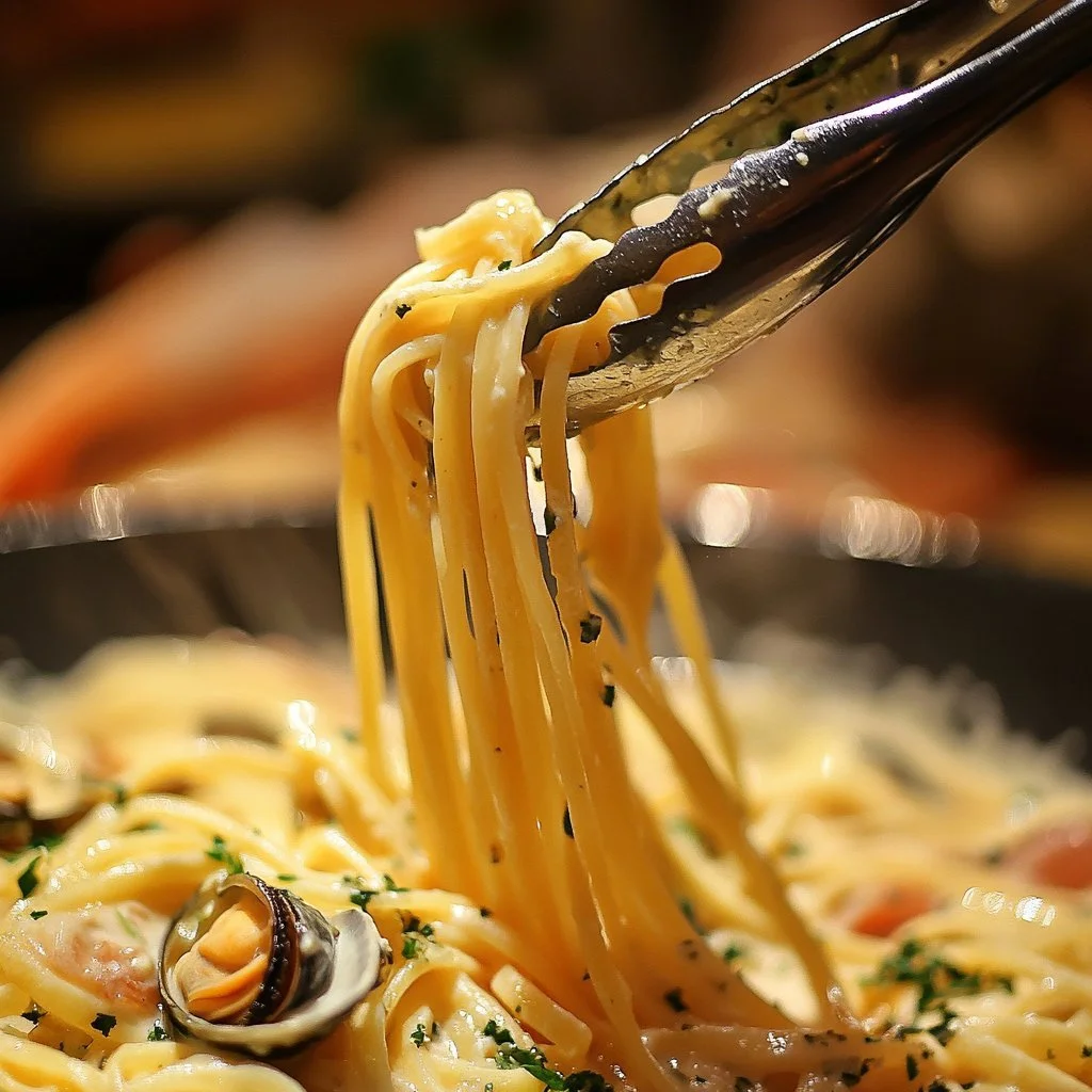 Plate of mussels in a creamy garlic sauce garnished with herbs.