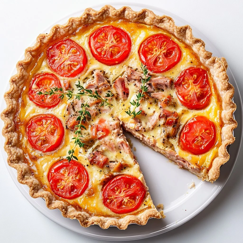 Delicious Mustard Tuna Tart served on a plate, garnished with herbs