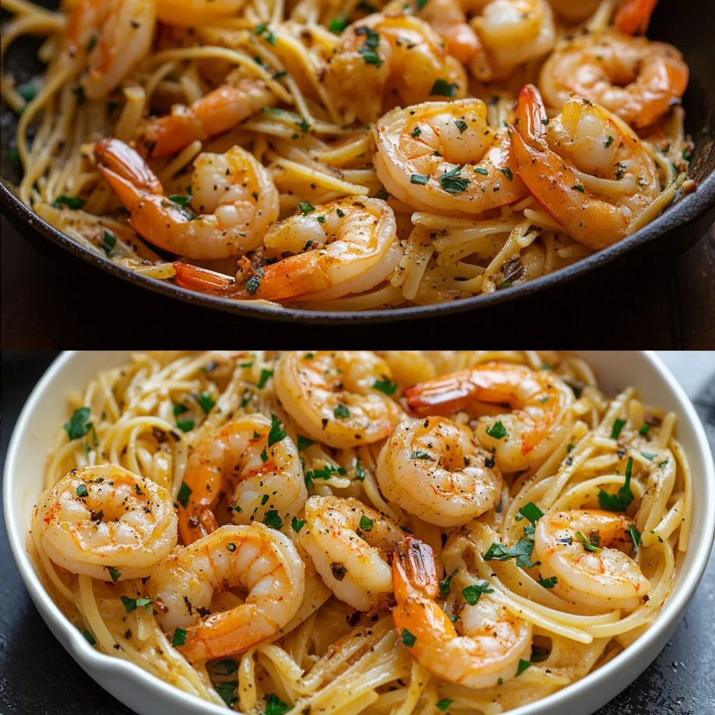 Delicious Old Bay Garlic Shrimp Pasta served in a bowl with fresh herbs.