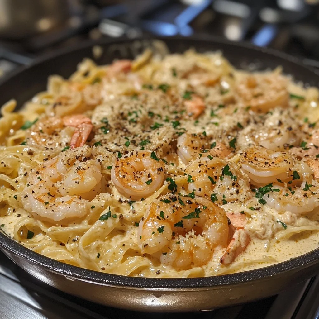 Creamy One-Pot Shrimp and Crab Alfredo served in a bowl with garnishes.