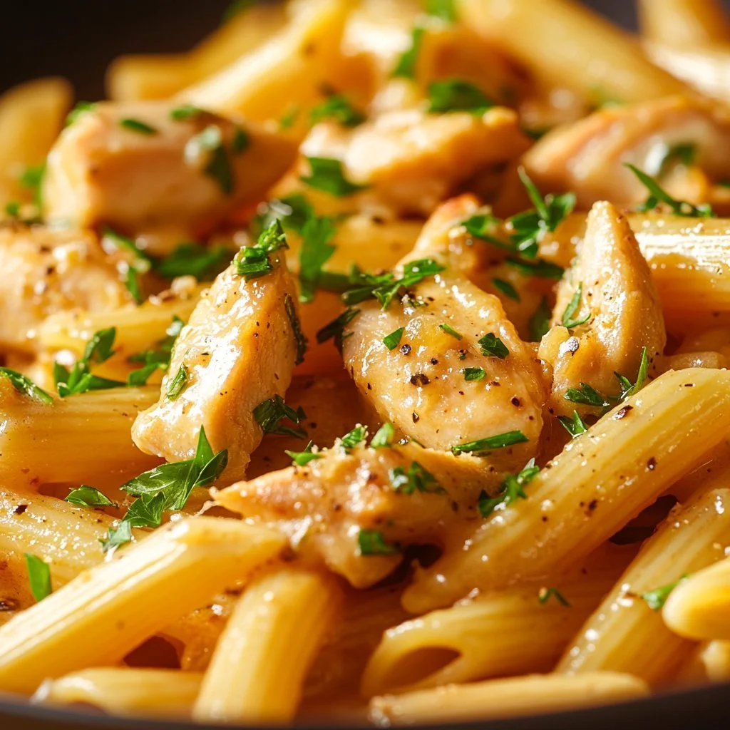 Creamy pasta chicken dish garnished with herbs and served on a plate.