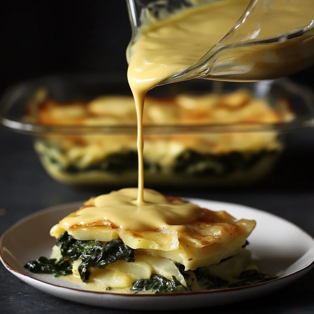 Baked Potato Spinach Casserole with layers of potatoes and spinach