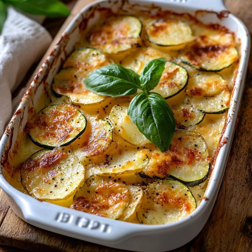 Delicious potato zucchini gratin served in a baking dish with melted cheese