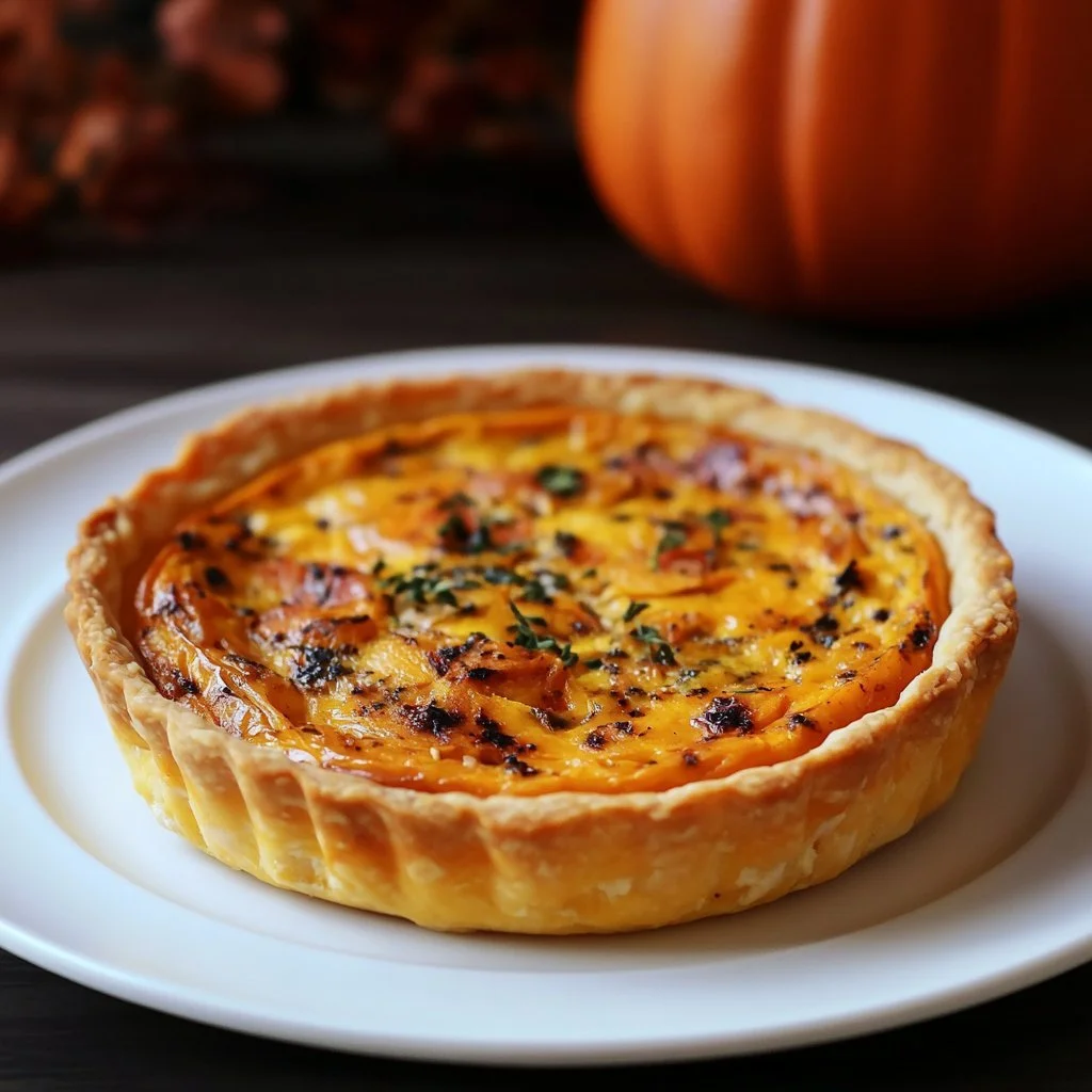 A slice of Pumpkin Gorgonzola Quiche topped with fresh herbs on a rustic table.