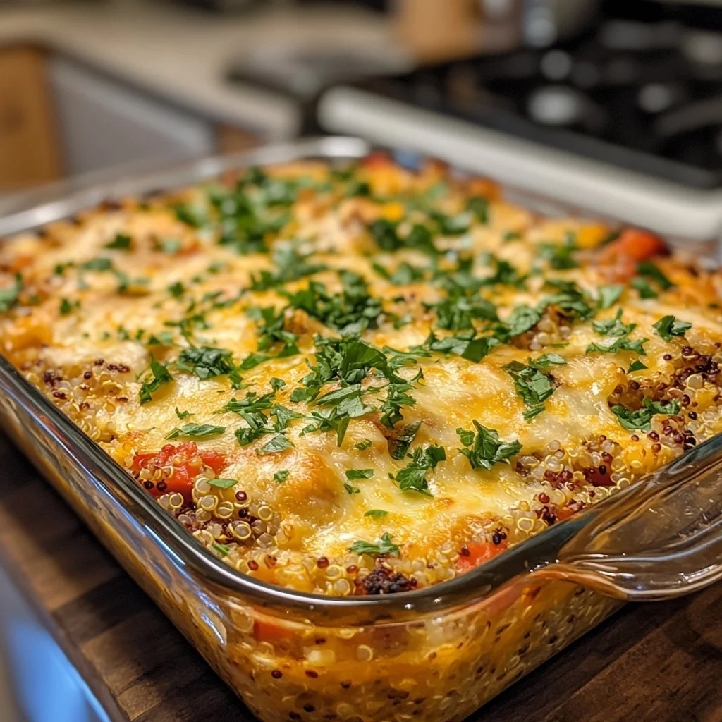 Delicious quinoa casserole with vegetables and melted cheese baked to perfection