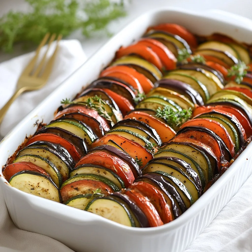 A colorful dish of Ratatouille made with fresh vegetables including zucchini and eggplant.