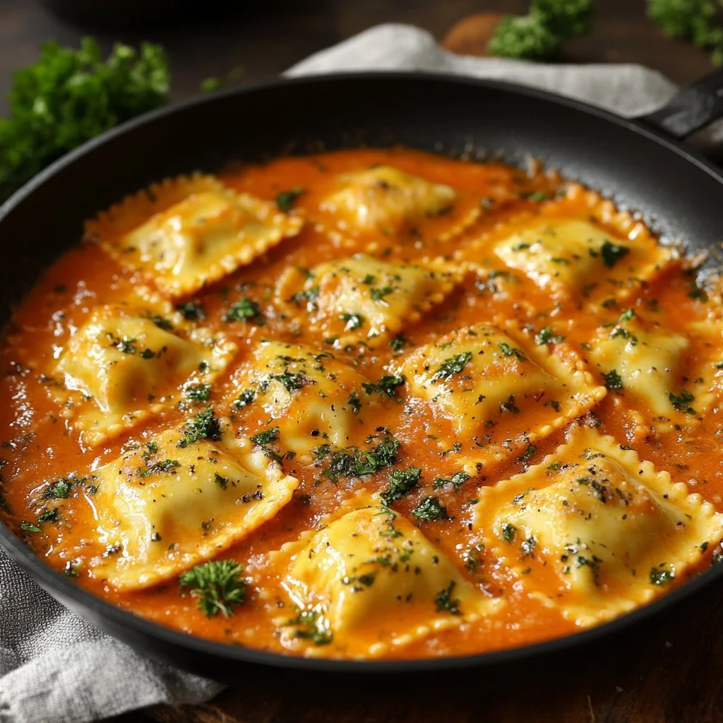 Delicious homemade ravioli sauce served over fresh ravioli pasta.