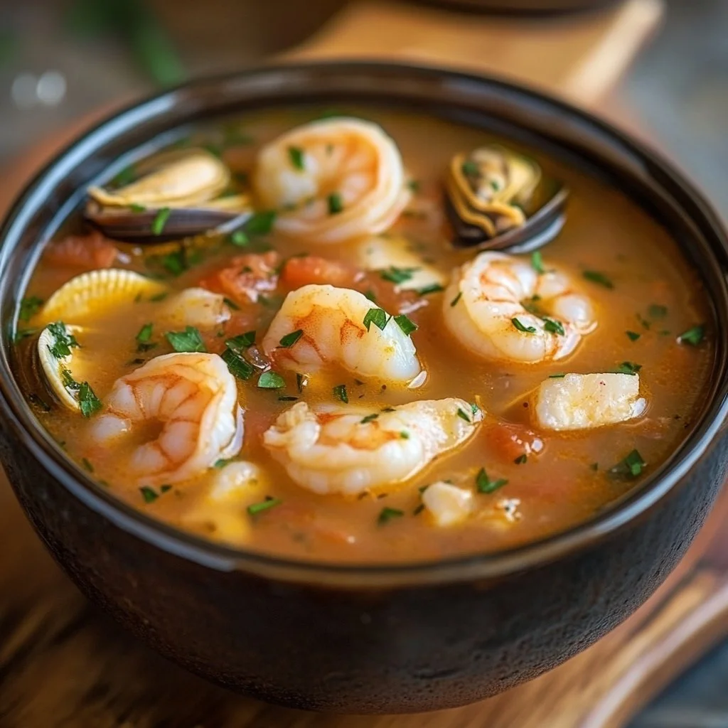 A bowl of rustic seafood soup loaded with fresh seafood and vegetables.