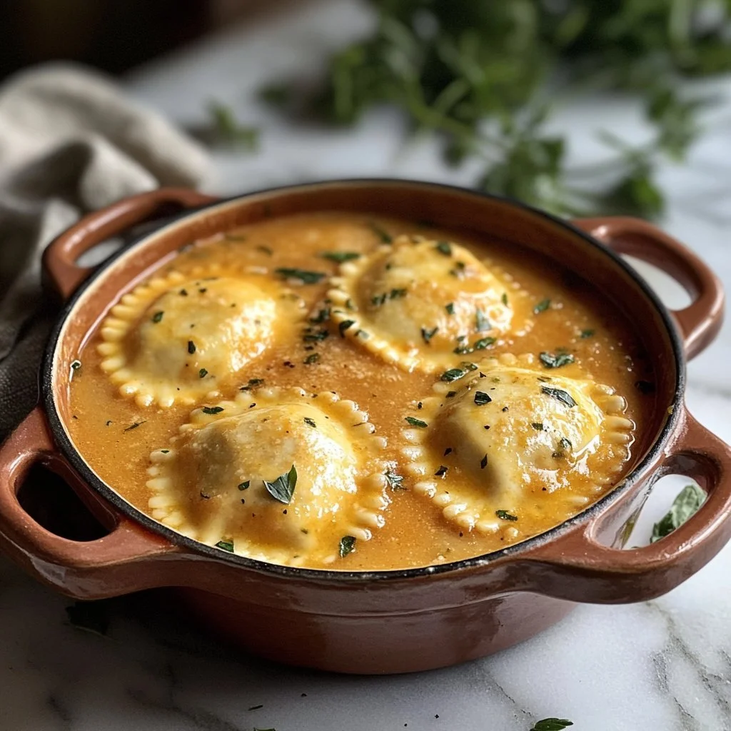 A delicious sauce served over ravioli topped with fresh herbs.