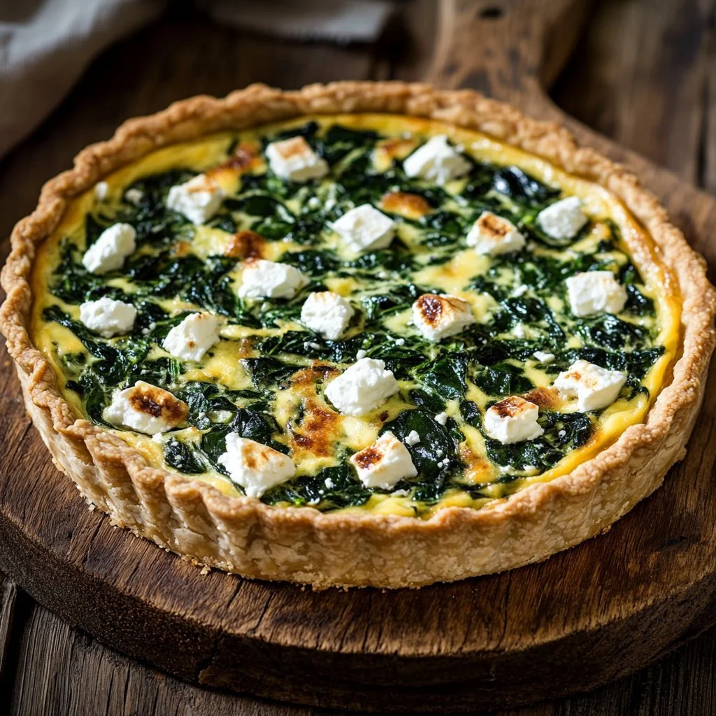 Savory spinach and feta quiche with fresh ingredients in a pie crust