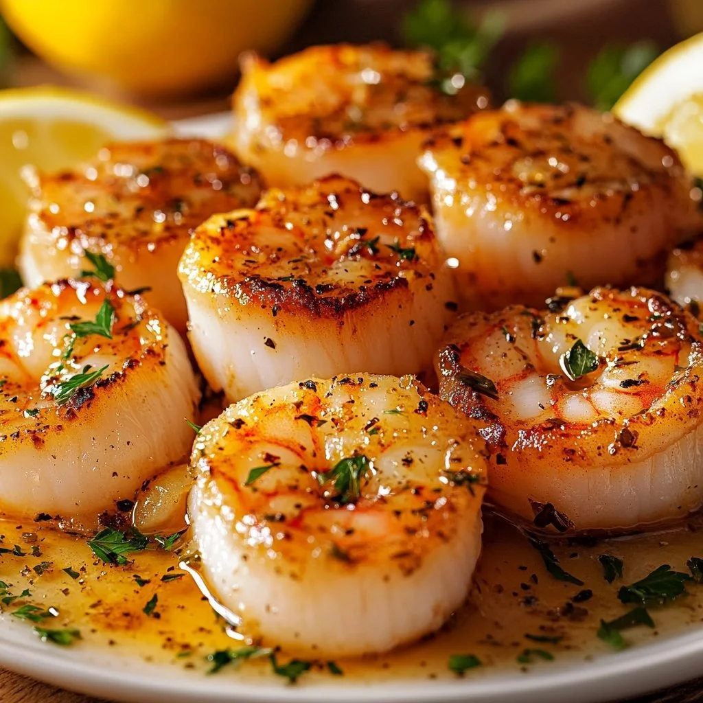 Delicious scallops and shrimp cooked in garlic butter sauce