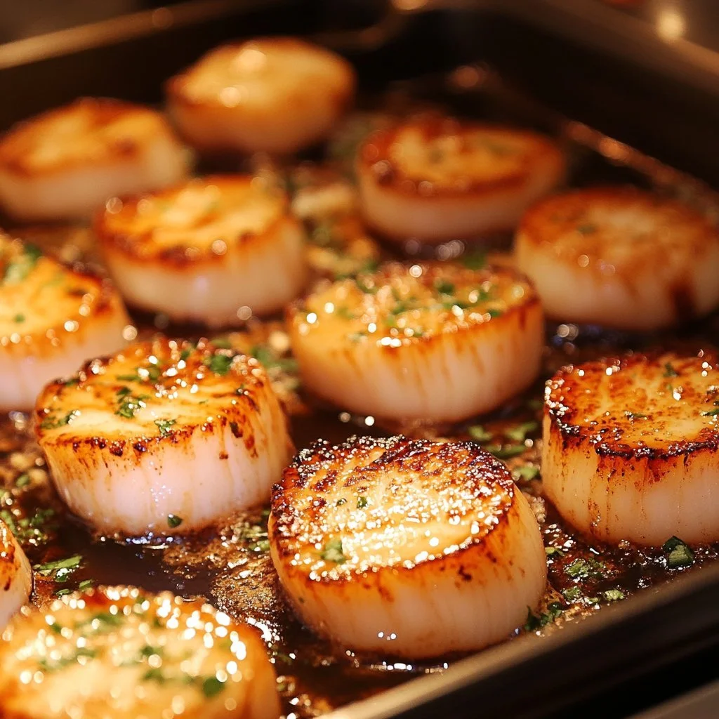 Deliciously seared scallops served on a plate with garnishes.