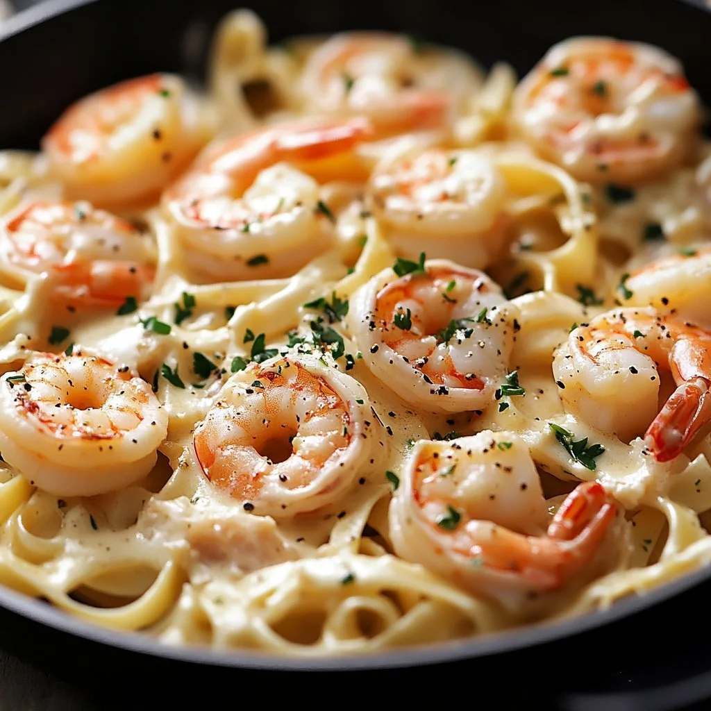 Creamy Shrimp Crab Alfredo dish with succulent seafood and a rich sauce.