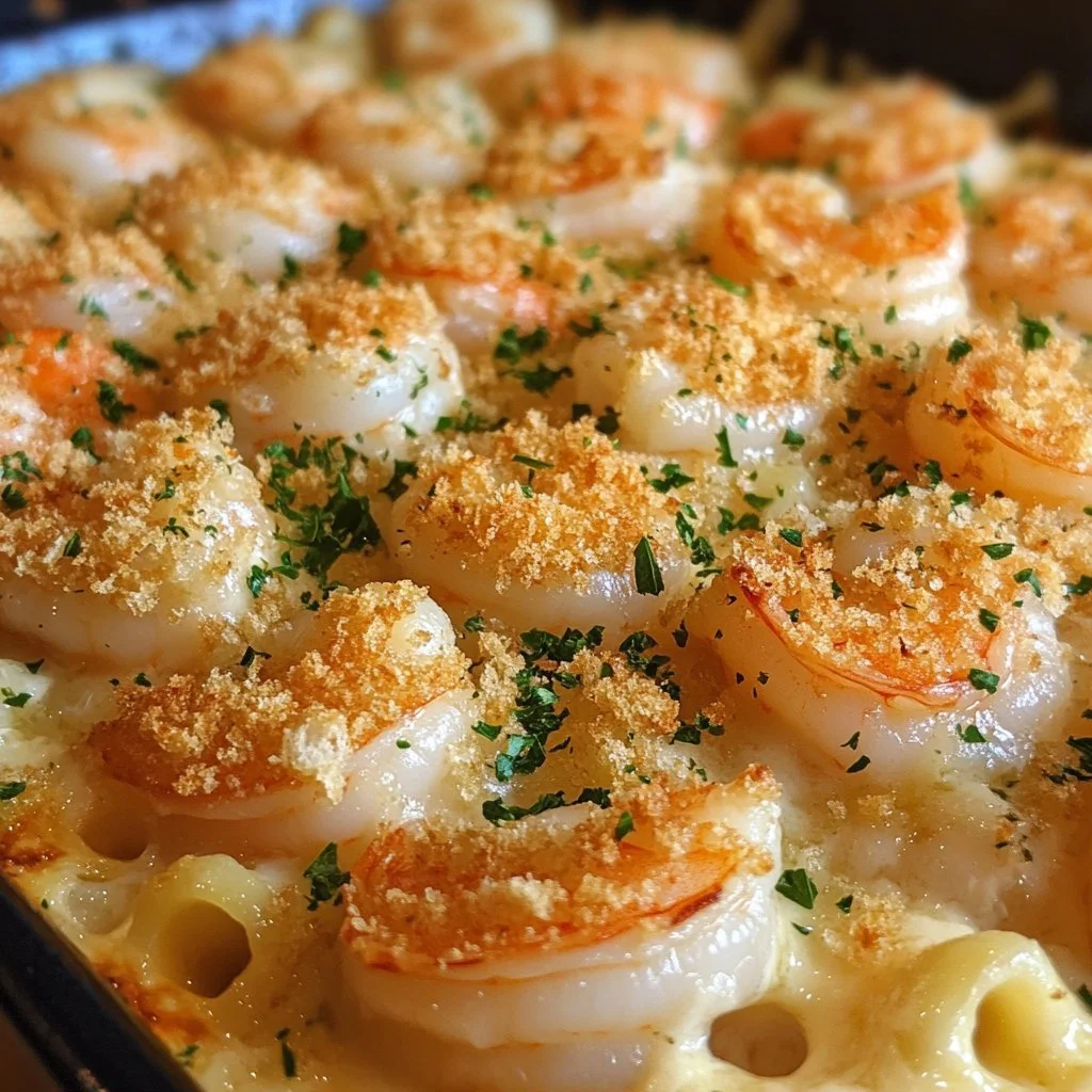 Creamy shrimp casserole topped with breadcrumbs and herbs, a seafood delight.