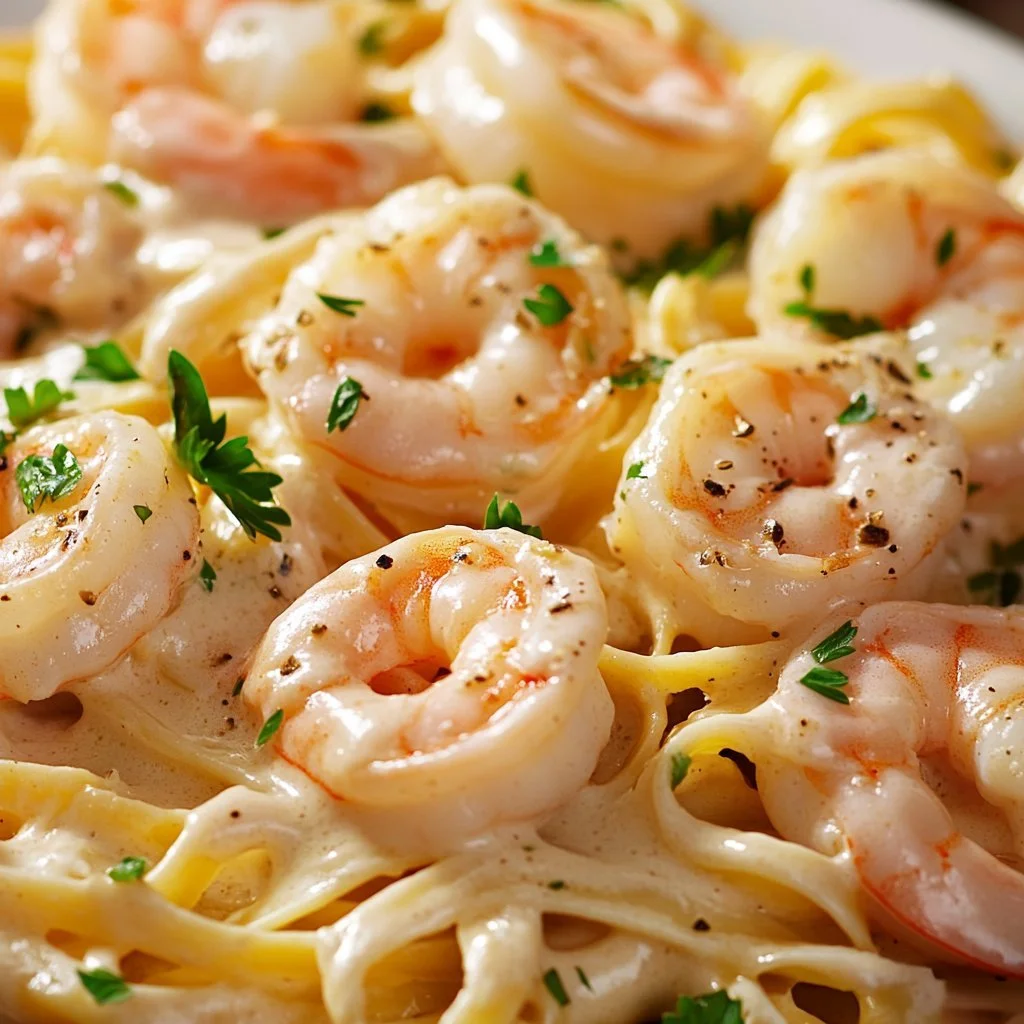 Delicious Shrimp Fettuccine Alfredo served on a plate with parsley garnish.