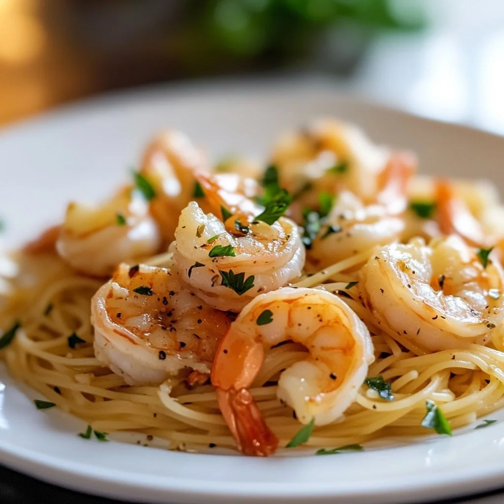 Plate of shrimp linguine topped with herbs and garnished with lemon slices