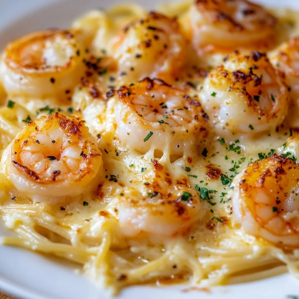 Baked shrimp scampi with garlic and butter served in a dish