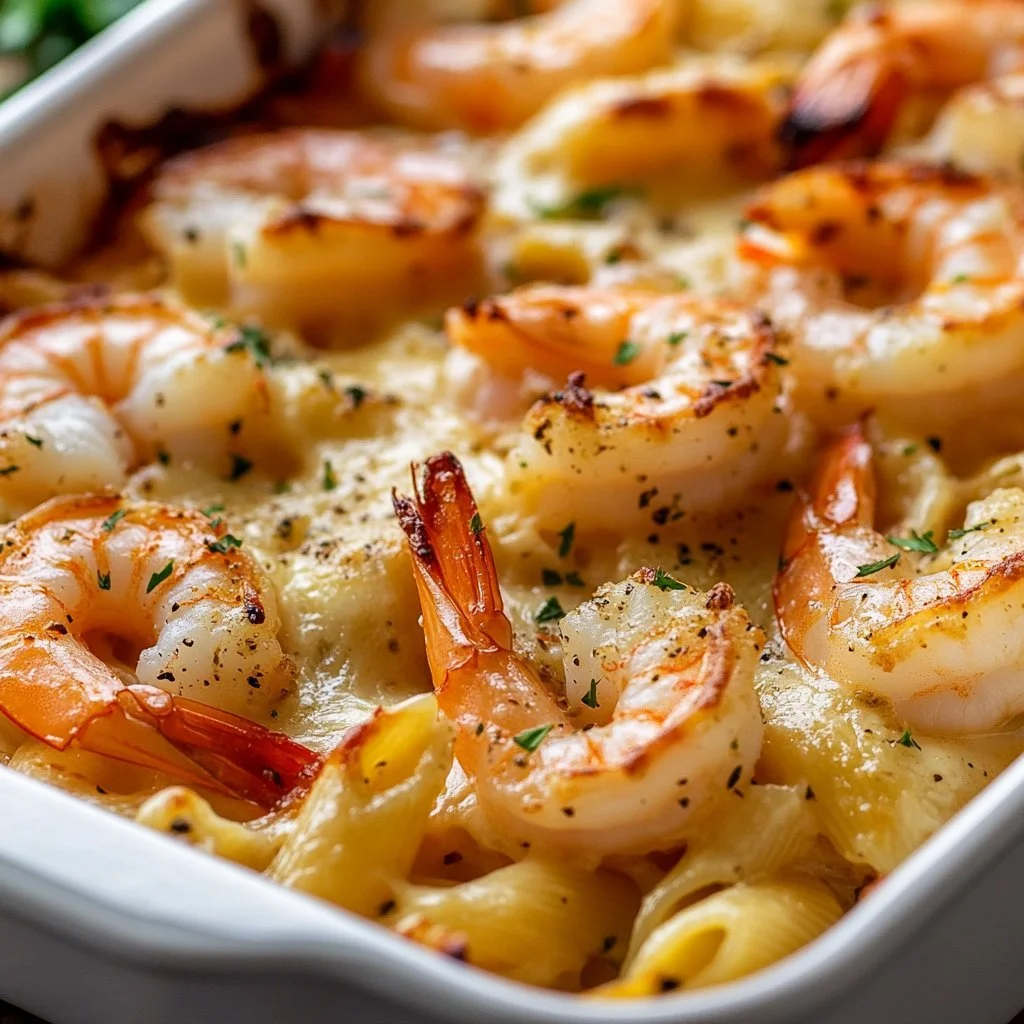 Shrimp scampi baked pasta dish topped with herbs and cheese in a baking dish