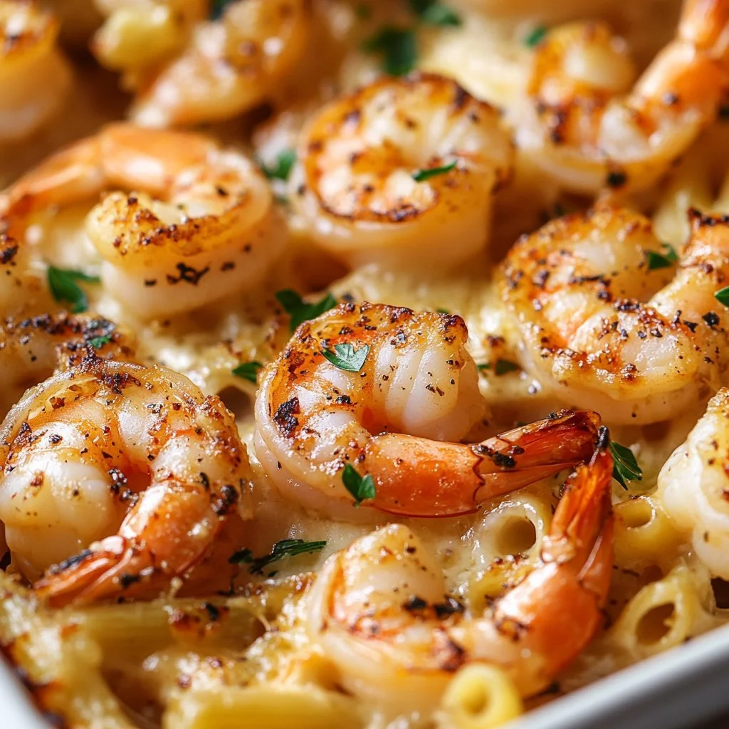 Shrimp scampi pasta bake topped with breadcrumbs and parsley in a ceramic dish