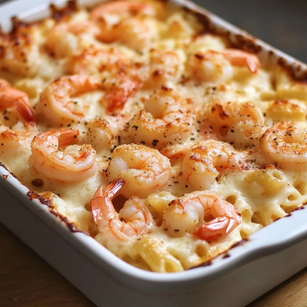 Shrimp scampi pasta bake topped with cheese and herbs, ready to serve.