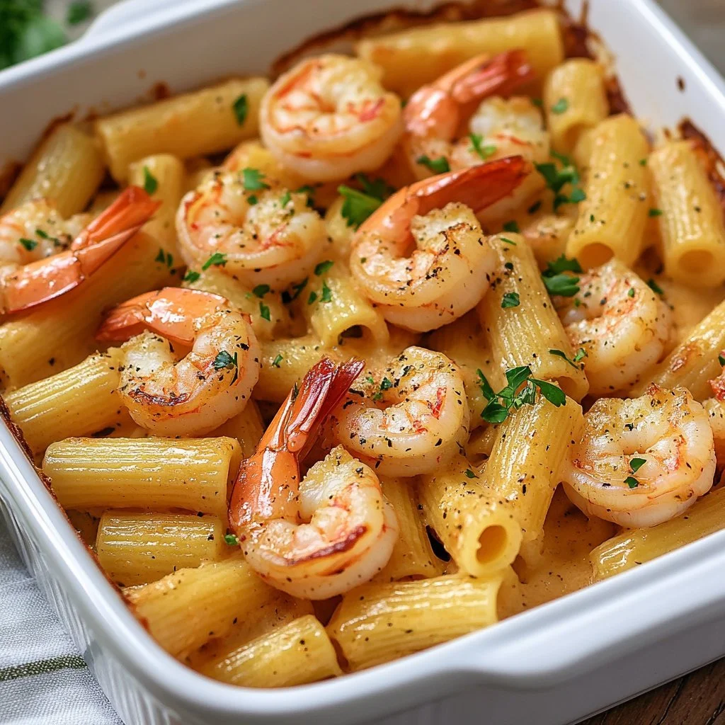 Shrimp Scampi Pasta Bake with garlic and herbs in a baking dish