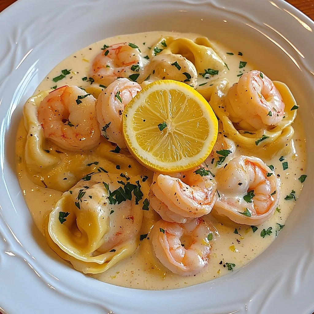 Shrimp tortellini in lemon garlic cream sauce garnished with parsley.