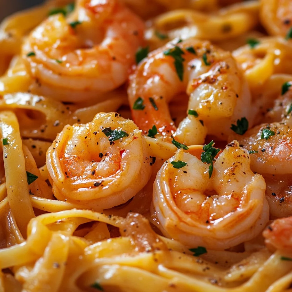 Sizzling garlic butter shrimp served with garnishes in a pan.