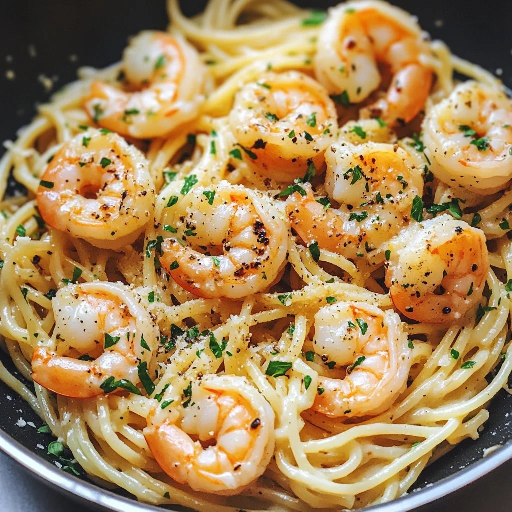 Spaghetti with shrimp and creamy garlic aioli served on a plate