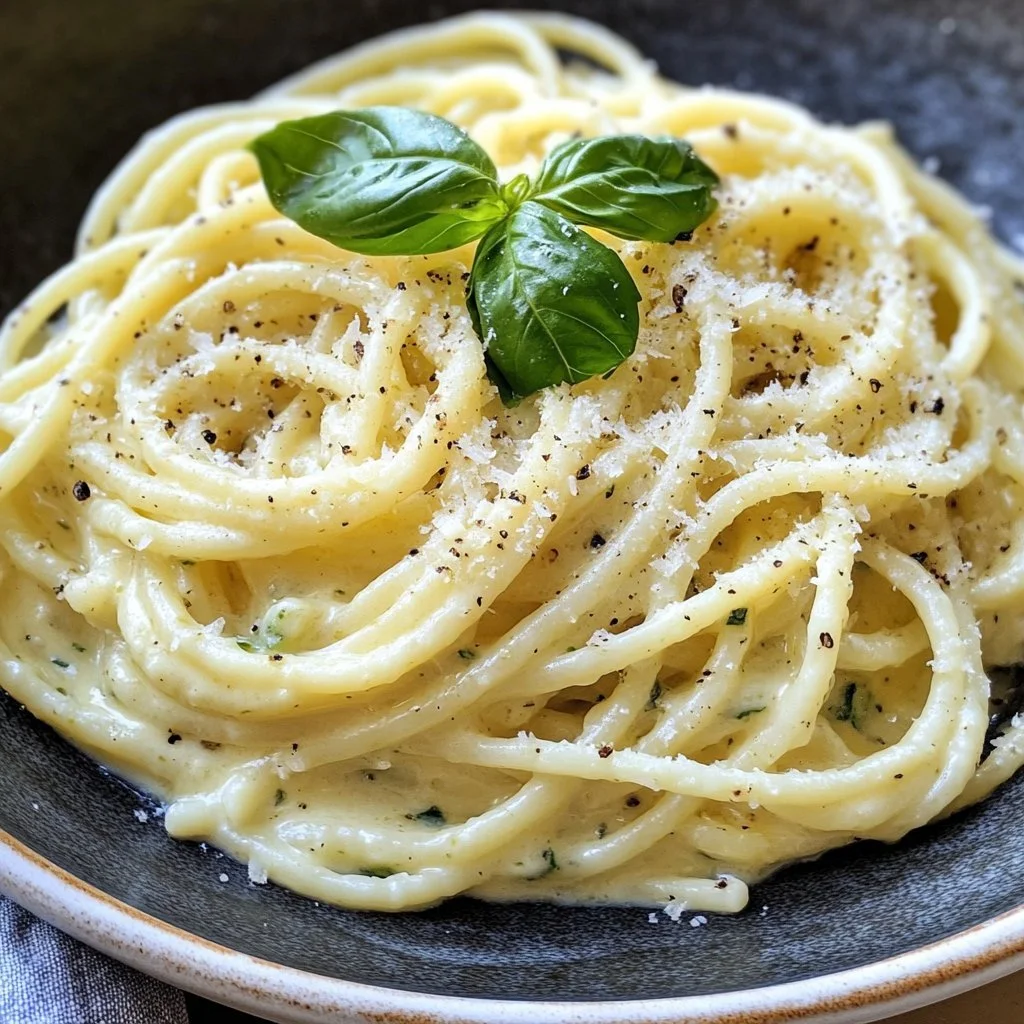 Spaghetti with zucchini cream served in a bowl