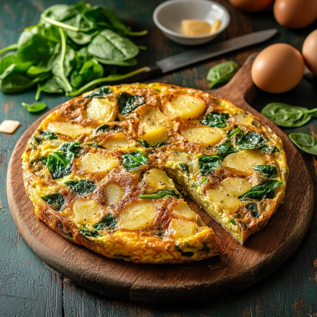 Delicious homemade Spanish omelette with potatoes and onions.