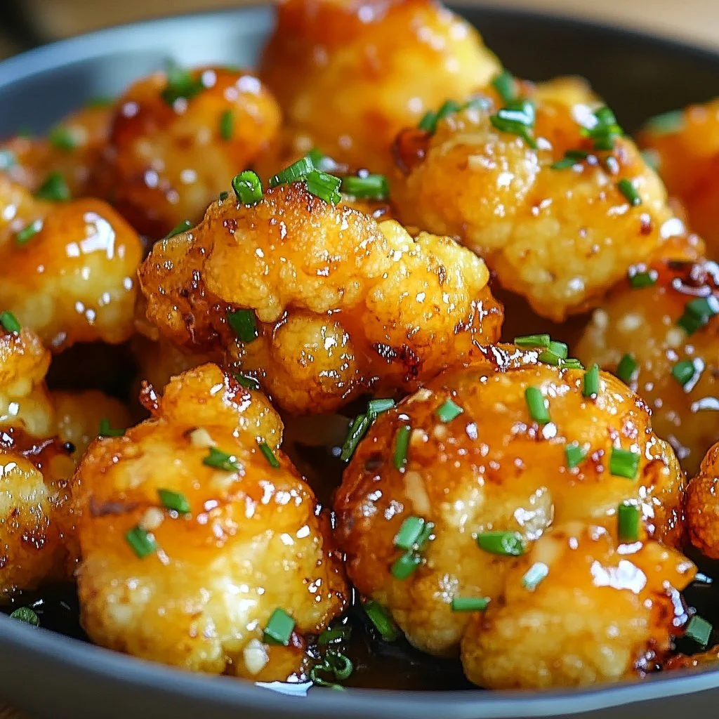 Spicy cauliflower dish garnished with garlic and honey