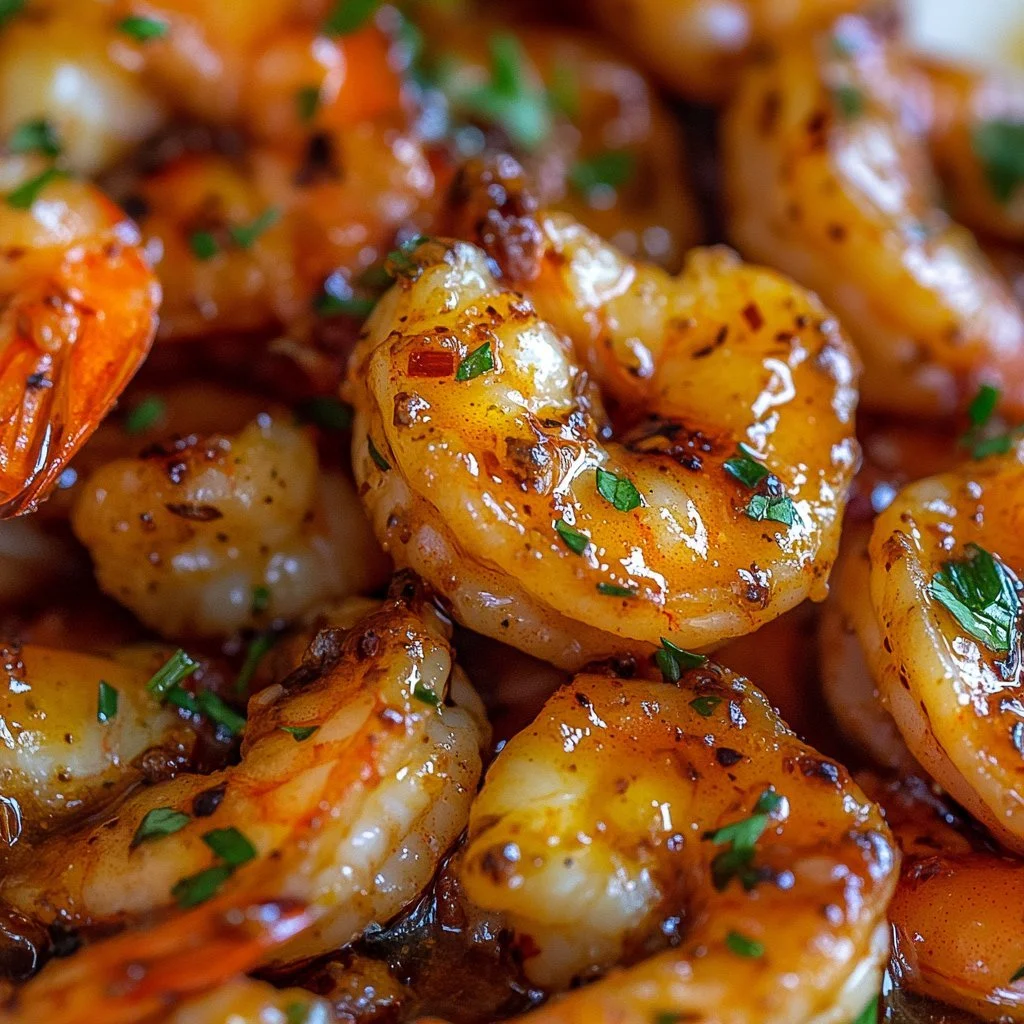 Delicious plate of spicy garlic butter shrimp garnished with herbs