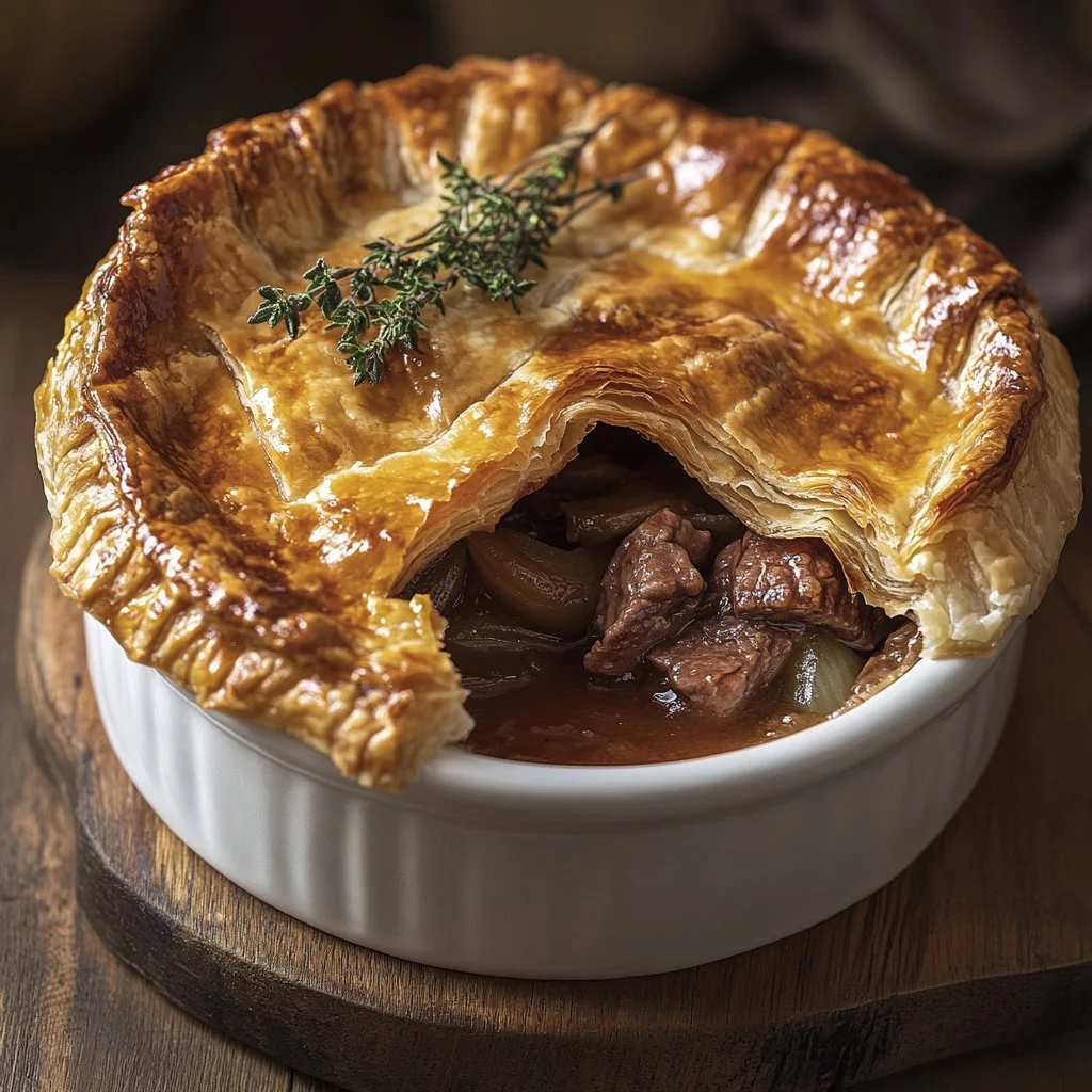 Delicious steak and onion tart served on a rustic wooden table